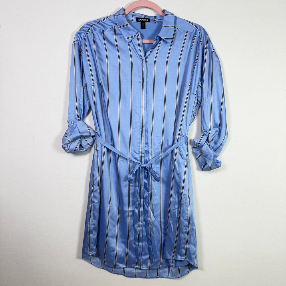 EXPRESS Blue Striped Satin Roll-Tab Sleeve Tie-Waist Shirt Dress Medium Petite